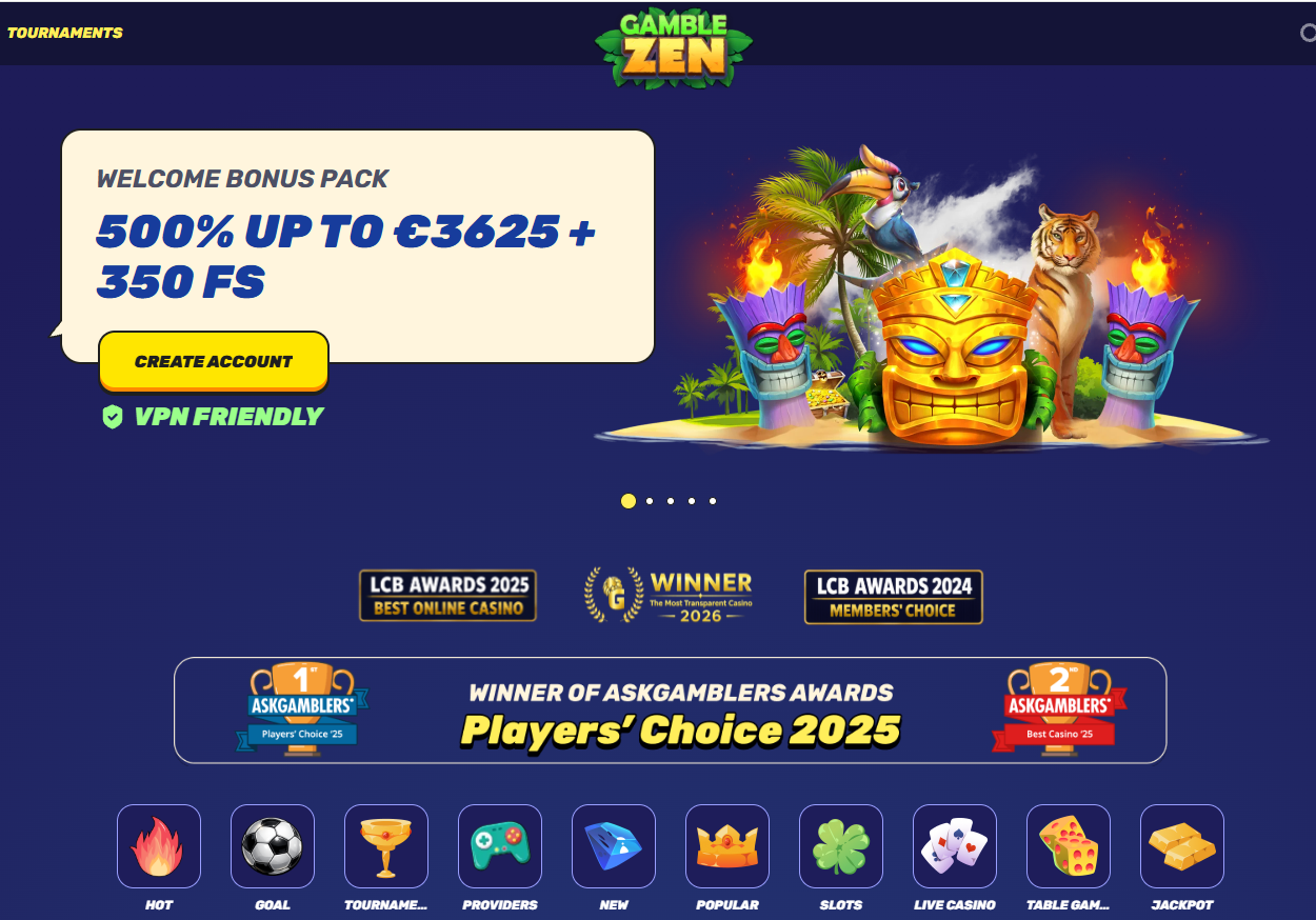 Gamblezen casino welcome bonus și meniu de categorii